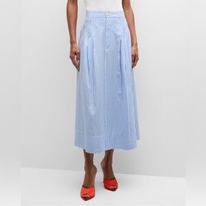 NWT THE GREAT. The Field Striped Poplin Midi Skirt in Light Sky